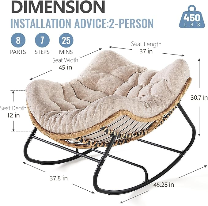 SWITTE Outdoor Rocking Chair, Oversized Patio Papasan Rocker, Comfy Wicker Reading Lounge, Indoor Egg Chair for Bedroom, Living Room, Porch, Garden, Lawn-Cream