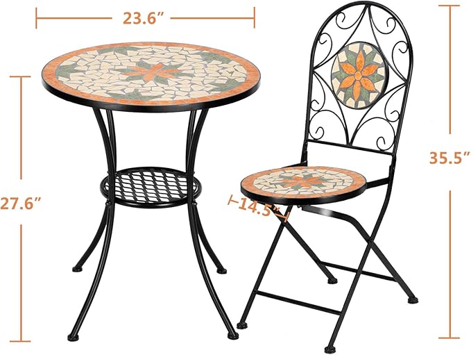 VINGLI 3 Pieces Garden Patio Mosaic Table, Outdoor Bistro Set with Folding Chairs,Black Iron Frame