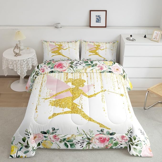 Erosebridal Floral Fairy Twin Comforter Set,Fairy Garden Flower Bedding Sets for Girls Kids,Coquette Dreamy Flowers Quilt Bed Set,Pink Princess Bedroom Decor,1 Pillowcase Breathable