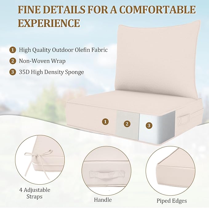Outdoor Deep Seat Cushion Set, Fade Resistant Patio Chair Cushions, 24x24x6 Inch Patio Sofa Furniture Pad with Removable Cushion Covers (Beige, 24''Lx24''Wx6''H-1pcs Set)