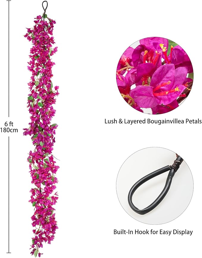 Briful 6ft Pink Bougainvillea Flower Garland – Artificial Silk Floral Vine with Built-in Hook Faux Flower Garland for Backdrop Table Wall Wedding Party Home Decoration