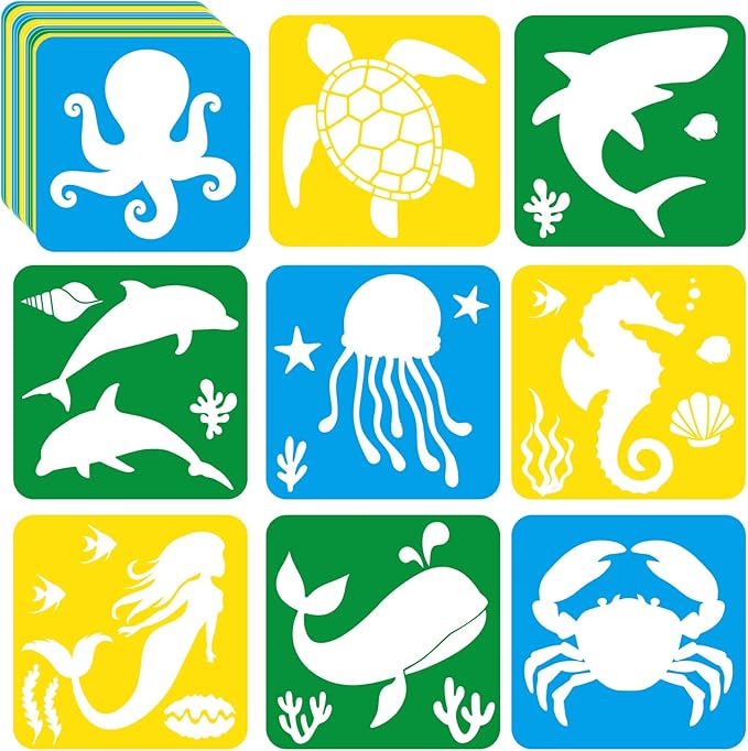 36pcs Ocean Animal Drawing Stencils for Kids 8 Inch Sidewalk Chalk Stencils Painting Large Washable Reusable Sea Animal Themed Primary Shape Template for Kids Toddlers Preschool