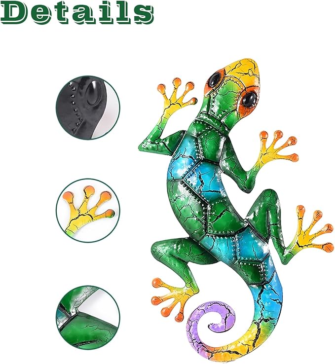 2 Piece Metal Gecko Wall Decor, Lizard Outdoor Wall Art,Colorful Gecko Wall Art Hanging Indoor and Outdoor, Patio Garden Fence Home Decor (17 inch)