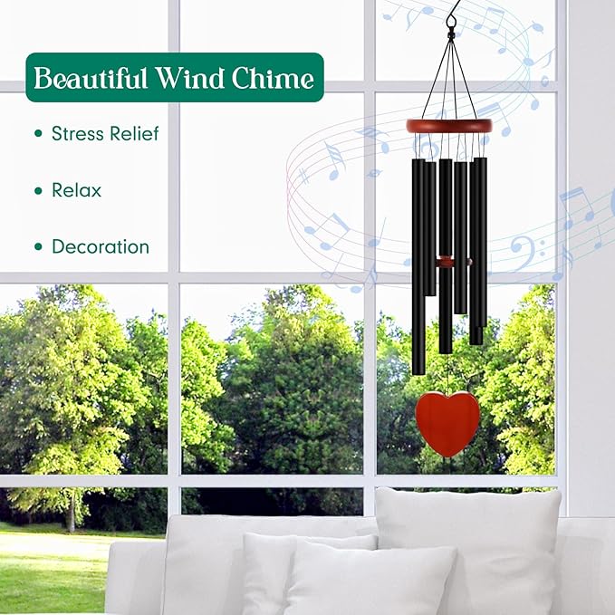 Leinuosen Wind Chimes for Outside Wind Chimes Outdoors Deep Tones 28" with 6 Aluminum Tubes Memorial Sympathy Windchime for Valentine Tree Decor Garden Courtyard Mom Loved One Gifts(Heart,Black)