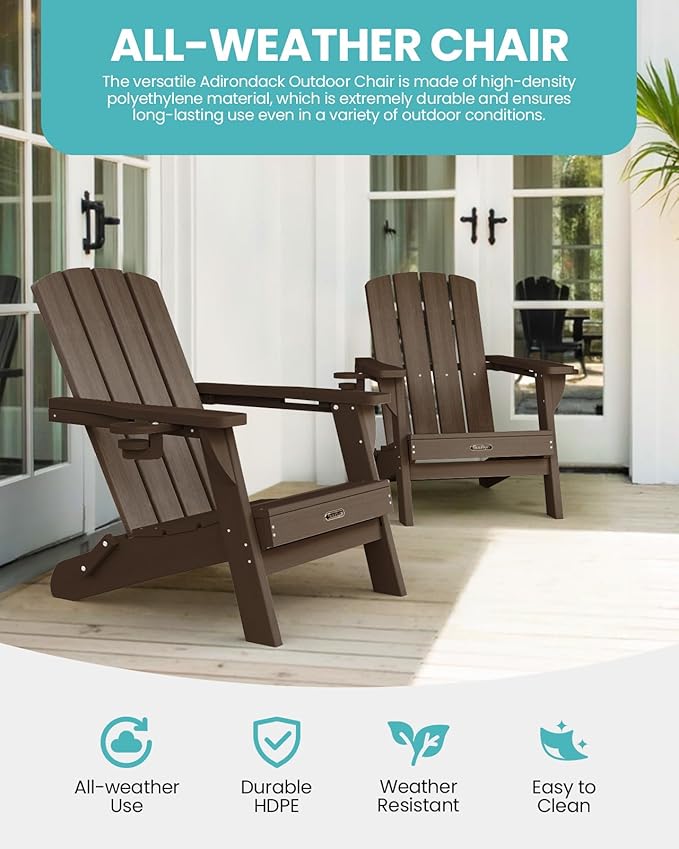 Folding Adirondack Chair 6 Pack, HDPE All-Weather Fire Pit Chairs, Plastic Adirondack Chairs with 2 Cup Holder, Outdoor Lawn Chair for Patio Garden (Brown)