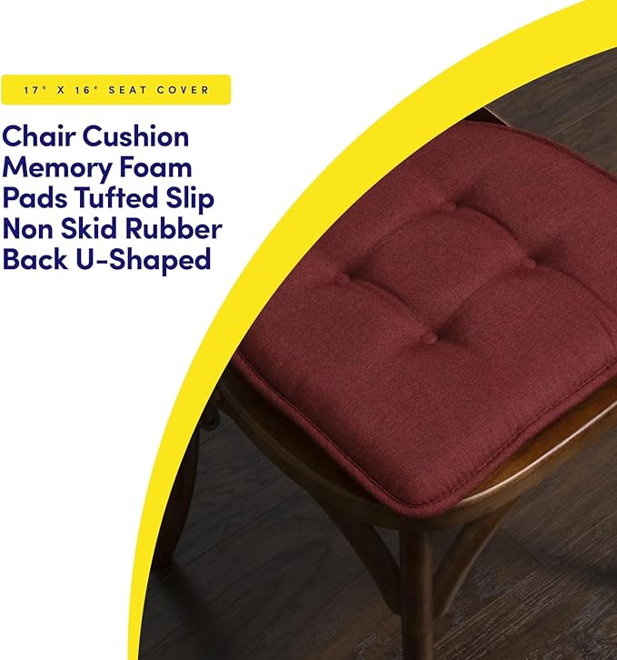 Sweet Home Collection Chair Cushion Memory Foam Pads Tufted Slip Non Skid Rubber Back U-Shaped 17" x 16" Seat Cover, 2 Count (Pack of 1), Wine Burgundy