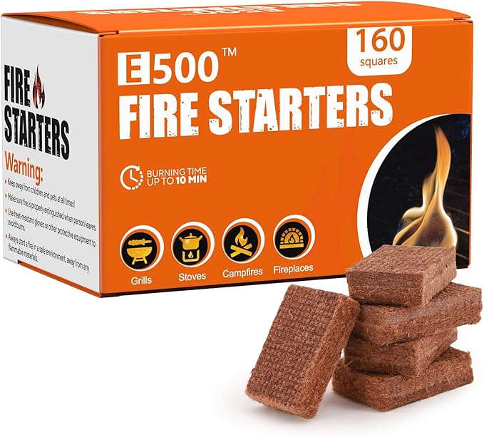 E500 Fire Starter for Campfires, Fireplace, Fire Pits, BBQ, Grills, Larger Charcoal Fire Starter Squares, 160-Count Firestarter, Chimney Charcoal Starter