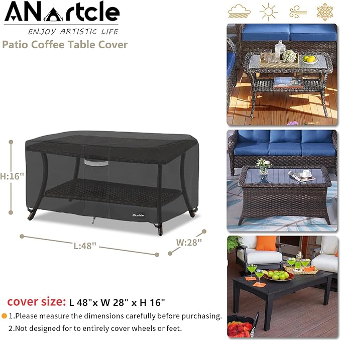 Patio Coffee Table Cover, 600D Waterproof Heavy Duty Rectangular Outdoor Table Cover,Patio Furniture Covers,48 x 28 x 16 inch,Black