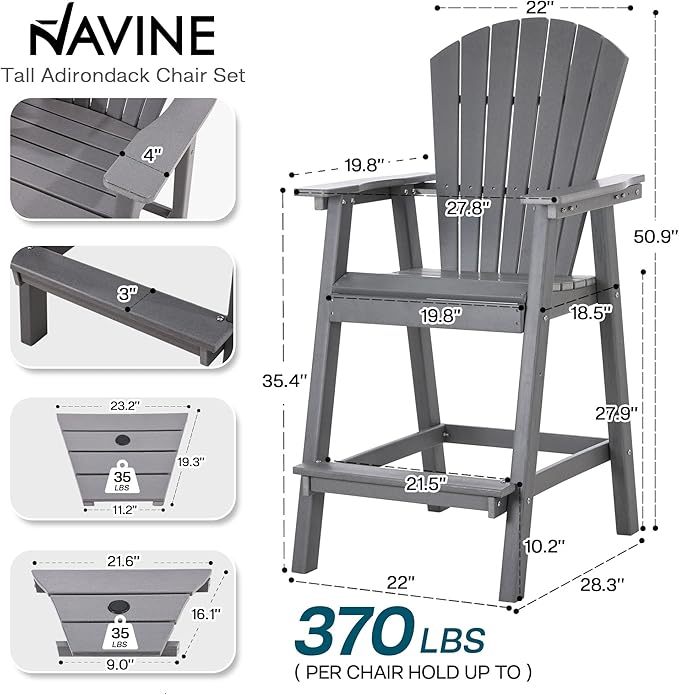 Tall Adirondack Chairs Set of 2, HDPE Balcony Chair with Double Connecting Tray, Weather Resistant Outdoor Adirondack Bar Stools for Patio, Deck, Patio, Backyard, Balcony. (Grey)