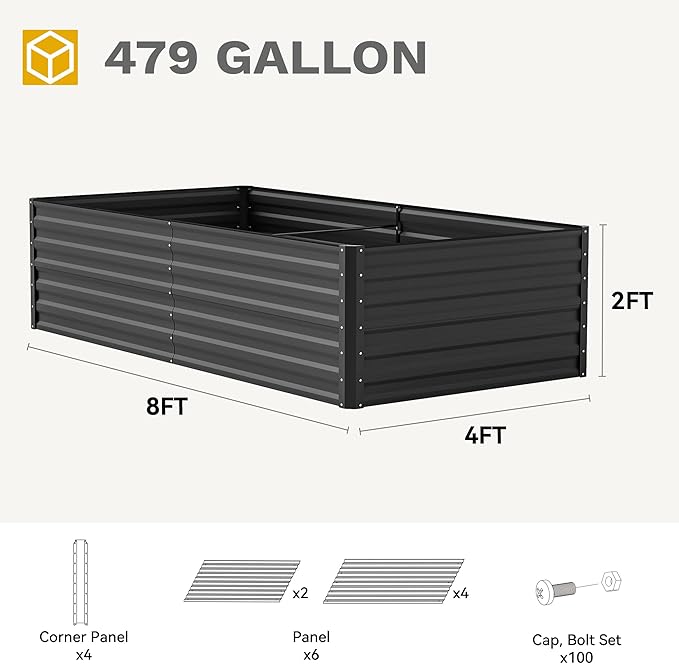 DWVO 8 x 4 x 2 FT Raised Garden Bed Kit, Outdoor Galvanized Flower Bed with Safety Rubber and Gloves, Large Metal Planter Box for Vegetables, Flowers, Herbs, Fruits, Black