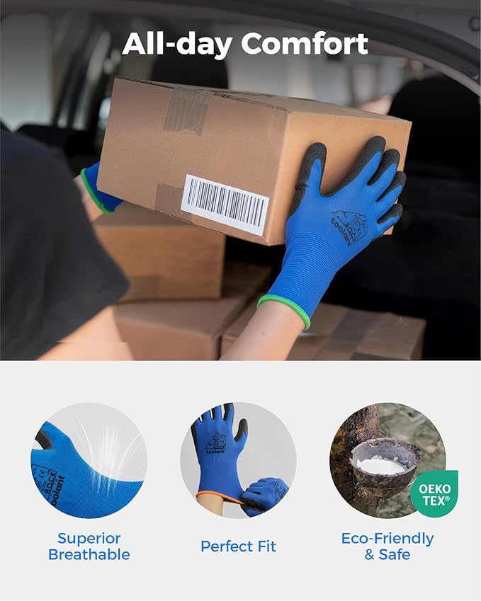 toolant Crinkle Latex Work Gloves Bulk, Rubber Coated Safety Work Gloves for Men and Women, 12 Pairs for Construction, Gardening, Warehouse (Black & Blue, XX-Large)