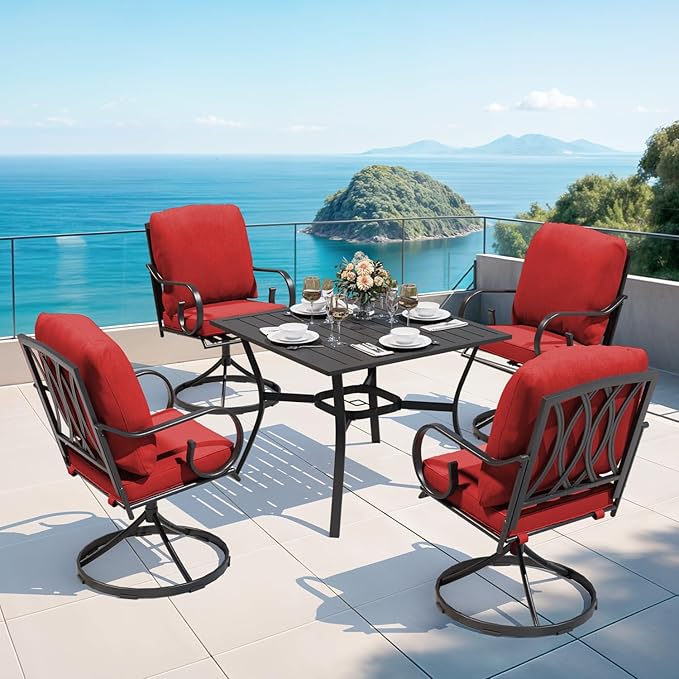 MELLCOM 5 Pcs Outdoor Dining Set, 4 Swivel Rocker Chairs with Thick Cushions & Square Dining Table with Umbrella Hole, Patio Furniture Set for Porch, Red