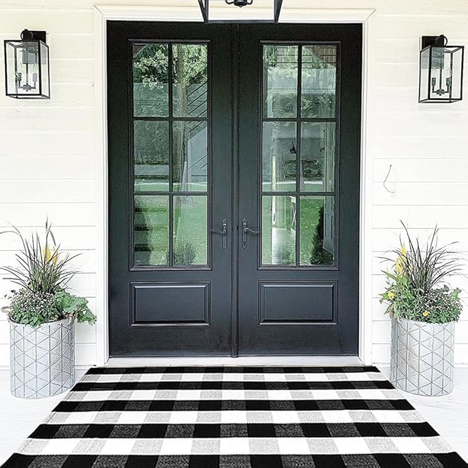 Buffalo Plaid Outdoor Rug 35.4'' x 59'' Black and White Front Door Mat Front Porch Rug Layered Welcome Door Mat for Front Porch Decor, Front Door, Farmhouse Decor,Entryway