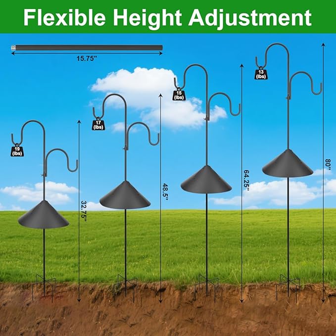 Bird Feeder Pole with Squirrel Baffle, 80" Tall Heave Duty Pole with Double Shepherd Hook 5 Prongs Base for Outdoor Hummingbird Feeders (No Bird Feeder)
