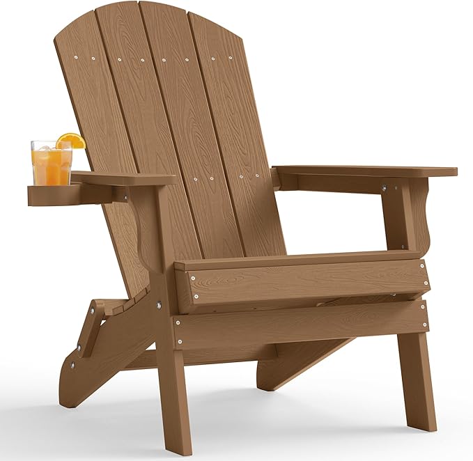 YEFU Adirondack Chair, Oversized Plastic Adirondack Chair Folding Outdoor Chairs with Cup Holder, Lawn Chair with Weather Resistant for Outside Deck Lawn Garden, Weight Capacity Up to 400 Lbs(Teak)