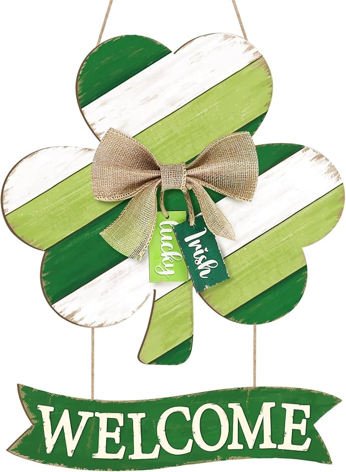 Wooden St Patricks Day Wreaths for Front Door Decoration Shamrock Door Sign with Bow Wall Signs Clover Spring Decoration, Irish Sign Welcome Hanging for Home Decor Party Outdoor Indoor Supply