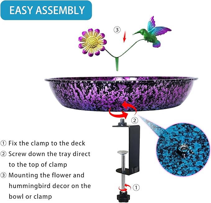 Deck Bird Bath for Outdoors, 11 Inch Colorful Purple/Blue Metal Birdbath Bowl Adjustable Steel Clamp Mounted Garden Bird Bath Feeder for Railing Balcony Outdoor Decor Yard Art