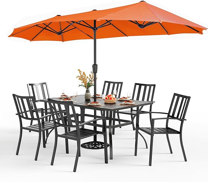 PHI VILLA 7 Piece Patio Dining Set with Umbrella, 60” Rectangular Metal Dining Table & 6 Stackable Metal Chairs & 13ft Large Red Umbrella for Outdoor, Deck, Yard, Porch