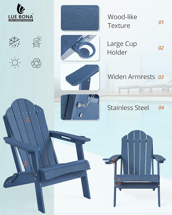 LUE BONA Folding Adirondack Chair, Chairs Set of 8, Cup Holder, Woodgrain, Fire Pit, Patio, Pool, Blue