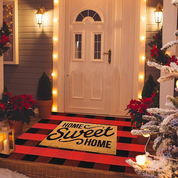 SEEKSEE Cotton Buffalo Plaid Rug 3'x5' Black and Red Checked Rug Washable Doormats Indoor Outdoor Rugs for Layered Front Door Mats, Porch, Kitchen, Farmhouse, Entryway
