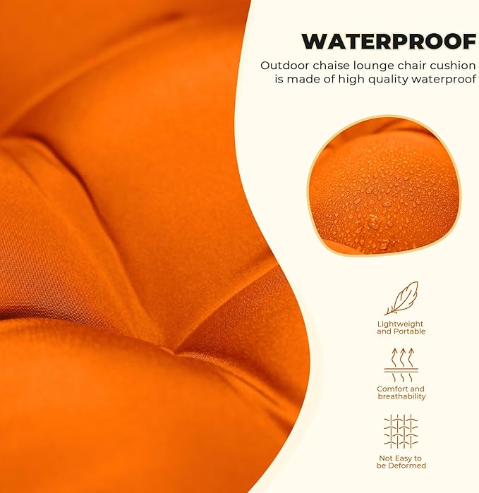 Waterproof Lounge Chair Cushion Outdoor for Chairs, Fade Resistant Chaise Lounger Replacement Cushions with 6 Ties, Thickened Memory Foam Pool Lounge Chair Cushions, 76 x 22 x 4.7 Inches Orange