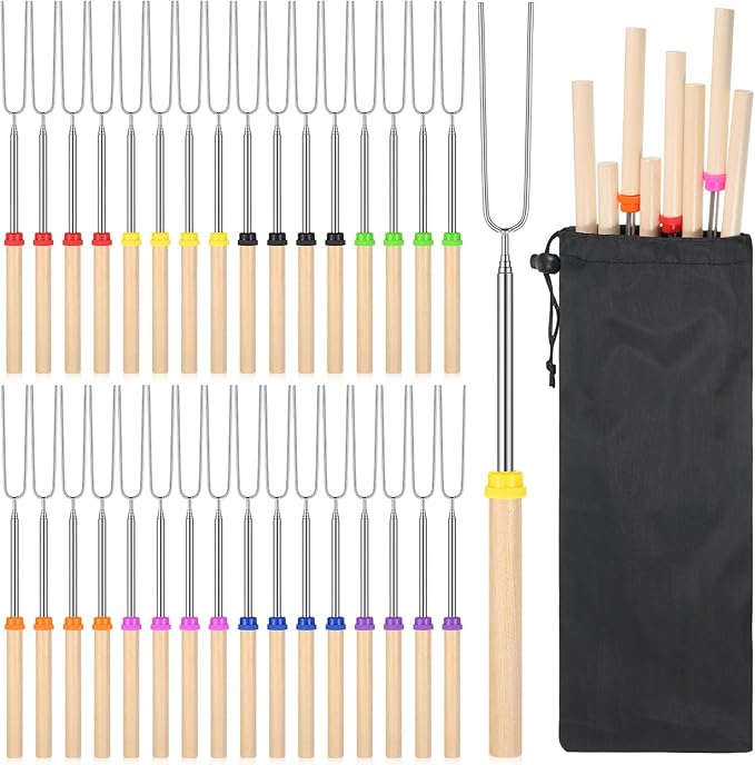 32 Pack Marshmallow Roasting Sticks Bulk 32 Inch Smores Kit for Fire Pit Extendable Metal Barbecue Skewers Hot Dog Fork for Marshmallow, Hot Dogs, Camping, BBQ, Grill