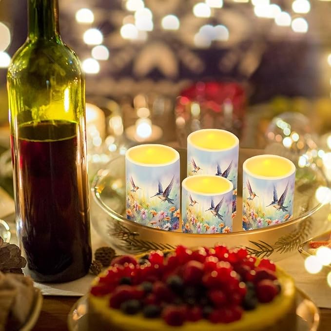Flameless Candles Battery Powered LED Candles with Remote Timer Color Changing Control Long Lasting for Indoor Outdoor Home Decoration Set of 4, Hummingbird Daisy Purple