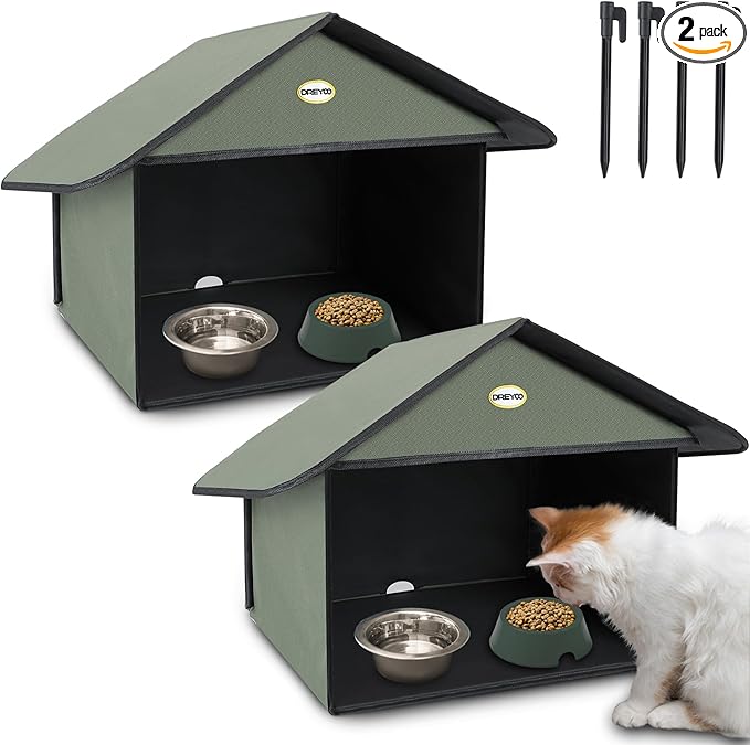 Dreyoo Outdoor Cat Feeding Station for Food & Water, Weatherproof Outdoor Kitty Dining Room Cat Shelter for Stray, Feral Cats and Community Cats, 13”d x 17”w x 15.5'h(2 Pack,Dark Green)