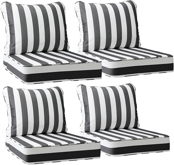AAAAAcessories Outdoor Deep Seat Cushions, Waterproof, Fade-Resistant Patio Furniture Replacement Cushions, 23.5" x 25.5" x 5" + 23.5" x 19", Set of 4, Gray Cabana Stripe