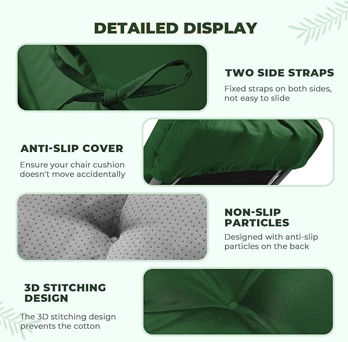 Waterproof Lounge Chair Cushion Outdoor for Chairs, Fade Resistant Chaise Lounger Replacement Cushions with 6 Ties, Thickened Memory Foam Pool Lounge Chair Cushions, 76 x 22 x 4.7 Inches, Green