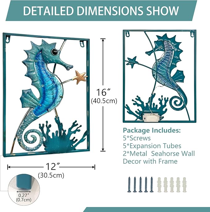 LIFFY Metal Wall Art Seahorse with Frame 13 LED lights,Beach Decor Fish Glass Sculpture Coastal Wall Hanging Ocean Theme Nautical Outdoor Decor for Patio,Garden,Yard,Pool,home gift(2pcs, Blue)
