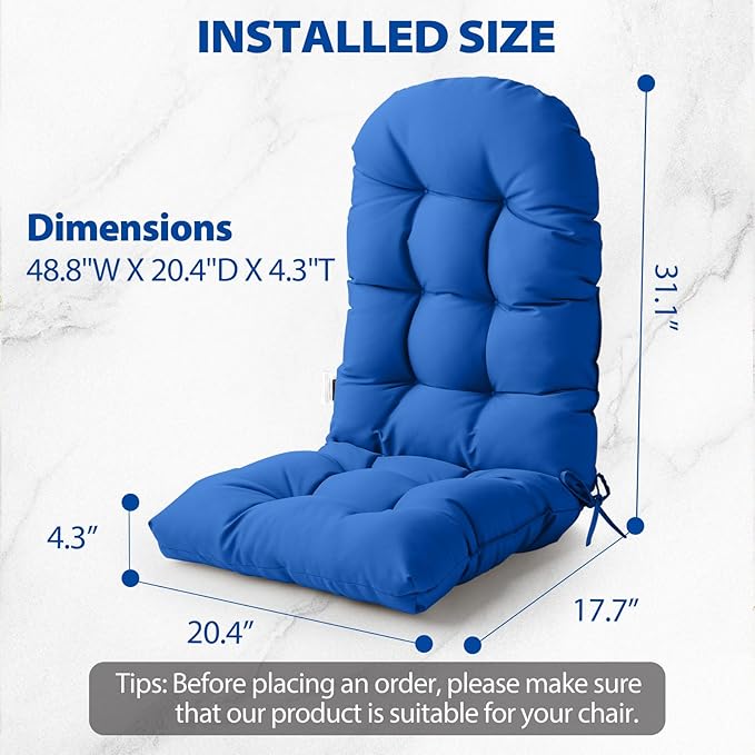 Adirondack Chair Cushion, High Back Patio Cushions with Adjustable Ties, 48.8x20.4x4.3, Waterproof Tufted Pillow, Fade Resistant Seat Rocking Chair Cushion for Indoor/Outdoor, Marine Blue, 1