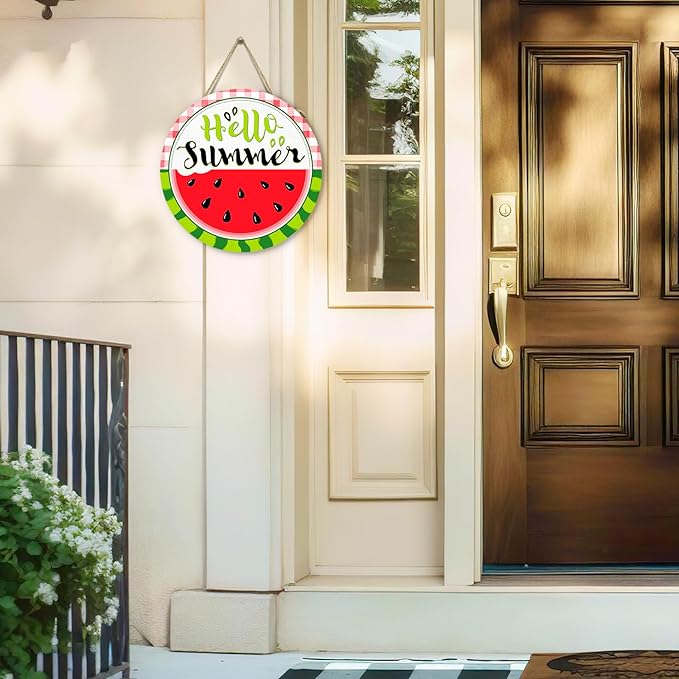 Hello Summer Watermelon Door Sign Summer Welcome Sign for Front Door Red Green Buffalo Plaid Wooden Door Hanger Outdoor Porch Decor Seasonal Farmhouse Hanging DecorationS 12 Inch