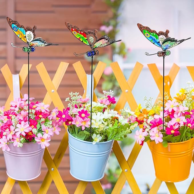 Butterfly Garden Decor for Outside,3 Pack Garden Stakes Decorative Stained Glass Butterfly Decoration Porch Yard Art Outdoor and Garden