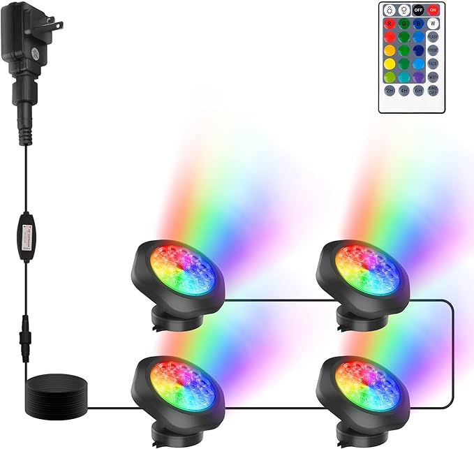 RGBW Pond Lights with Timer,18 LED Super Bright Underwater Submersible Fountain Lights,Remote Control IP68 Waterproof Color Changing Spotlights for Fish Aquarium Tank Pool Garden(Set of 4)
