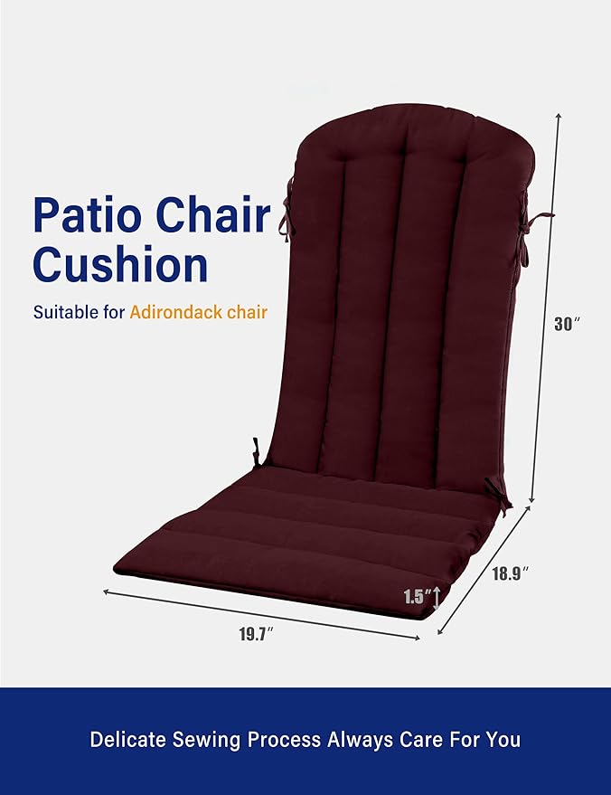 YEFU Adirondack Chair Cushion, Thin Rocking Chair Cushions with Straps Set of 2, Folding Patio Chair Pad for Indoor and Outdoor, 19.7x18.9x1.5 Inch, Burgundy