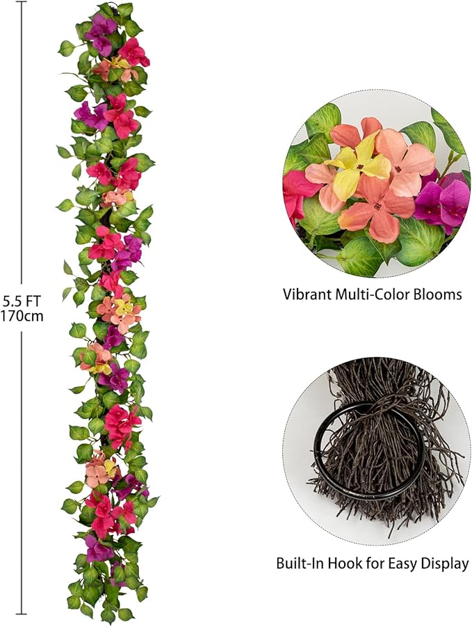 Briful 5.5FT Bougainvillea Flower Garland – Artificial Silk Floral Vine with Built-in Hook Faux Flower Garland for Backdrop Table Wall Wedding Party Home Decor, Pink Purple