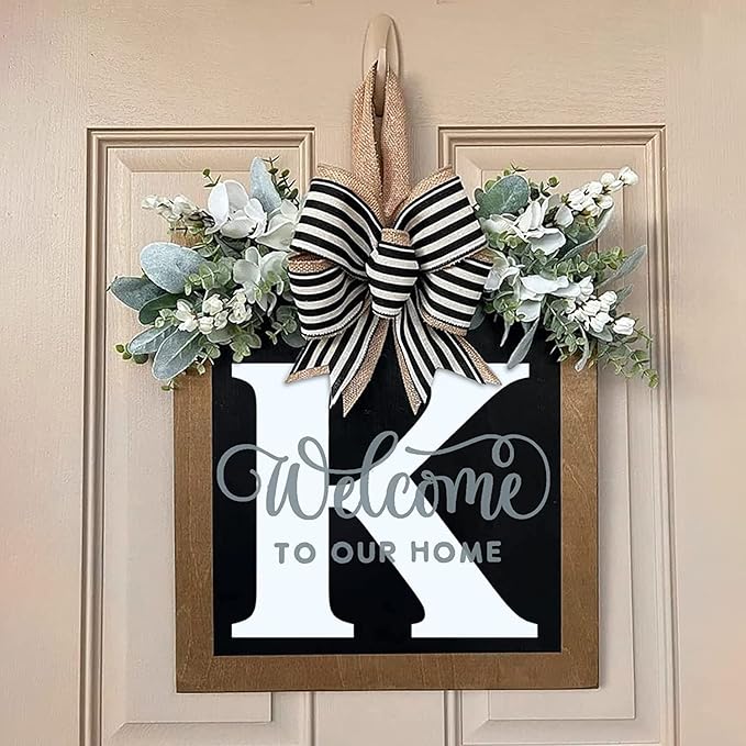K Monogram Last Name Porch Decor - Welcome Sign & Seasonal Wreaths for Front Door