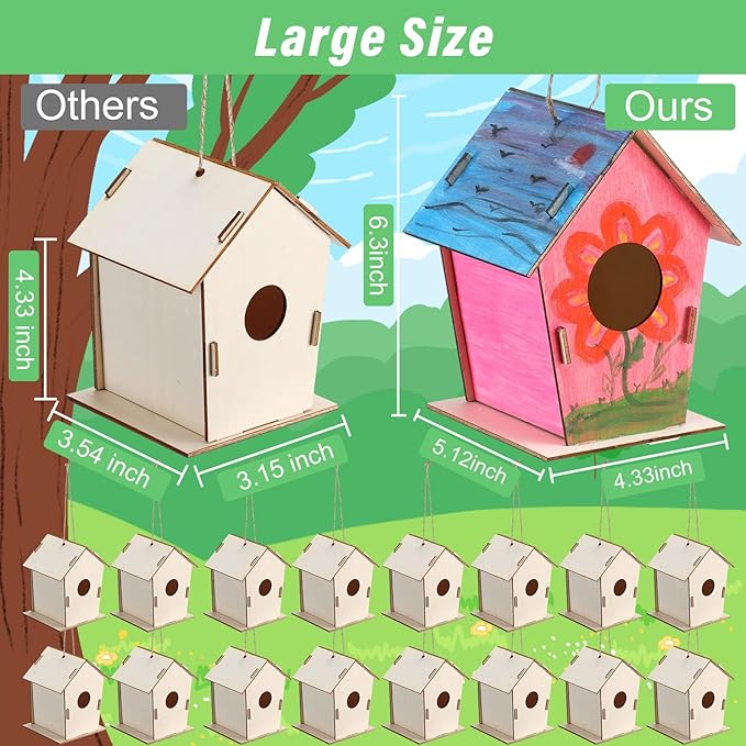24 Pcs Bulk 6.3'' Wooden Bird Houses Kits for Kids to Build DIY Unfinished Wood Birdhouses to Paint Wood Arts and Crafts Birthday Gifts for Valentines Crafts Class Parties