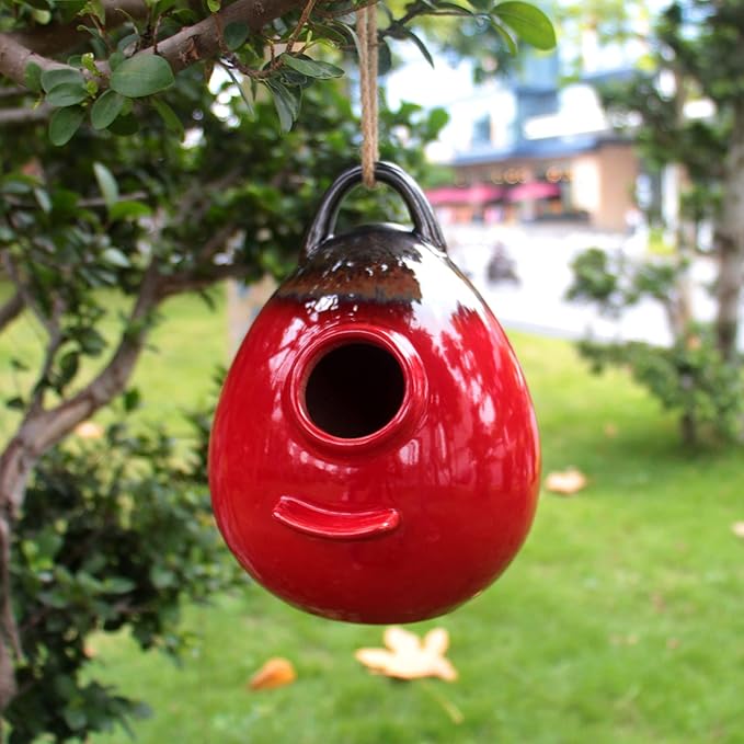 Kimdio Birdhouse Ceramic Hanging Birdhouses Bird Hut Hanging Outdoor Birdhouse for Wild Birds, Finch, Cardinal, and Bluebird - Red