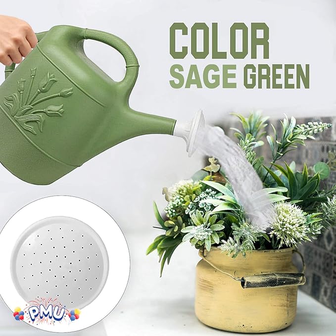 PMU 2 Gallon Watering Can - Garden Watering Can for Indoor & Outdoor Plants - Plastic Water Can with Detachable Sprinkler Head - Large Water Pot, Made in USA - Sage Green Pkg/12