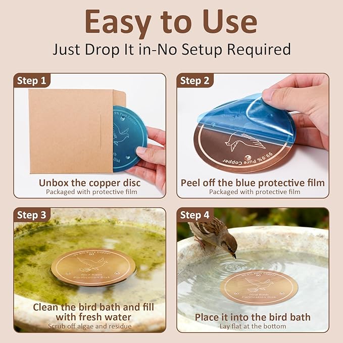 Bird Bath Copper Discs - 99.9% Pure Copper Cleaner, 1 mm Thick with Triple-Point Support, Reinforced Design for Safe Clean Water, Universal Fit for Outdoor Birdbaths and Bowls, All-Season Use