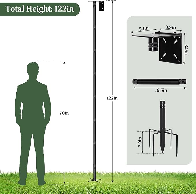 114-Inch Birdhouse Pole Stand, Heavy Duty Metal Bird House Mount with Ground Stake Base, Multi-Section Outdoor Pole for Birdhouses, Feeders & Garden Decor