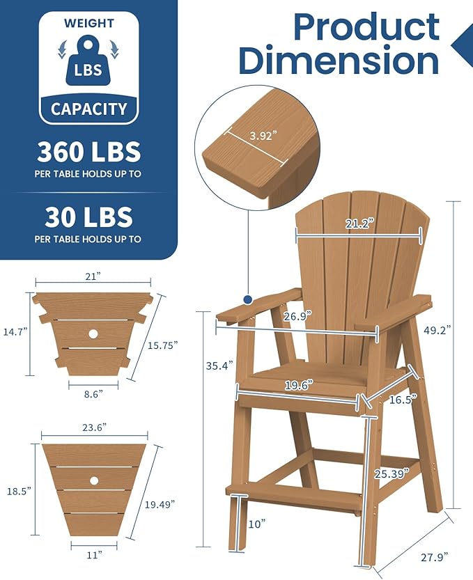 Ciokea Tall Adirondack Chairs Set of 2, HDPE Outdoor High Back Adirondack Chair with Double Connecting Tray, Weather Resistant Balcony Chairs for Deck, Lawn, Pool, Backyard, Teak