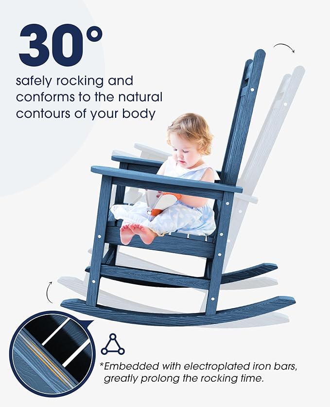 KINGYES Outdoor Rocking Chair, All-Weather Patio Rocking Chairs for Porch, HDPE Rocking Outdoor Chairs with High Back for Adult, Heavy Duty Outdoor Patio Rockers for Garden, Lawn, Blue