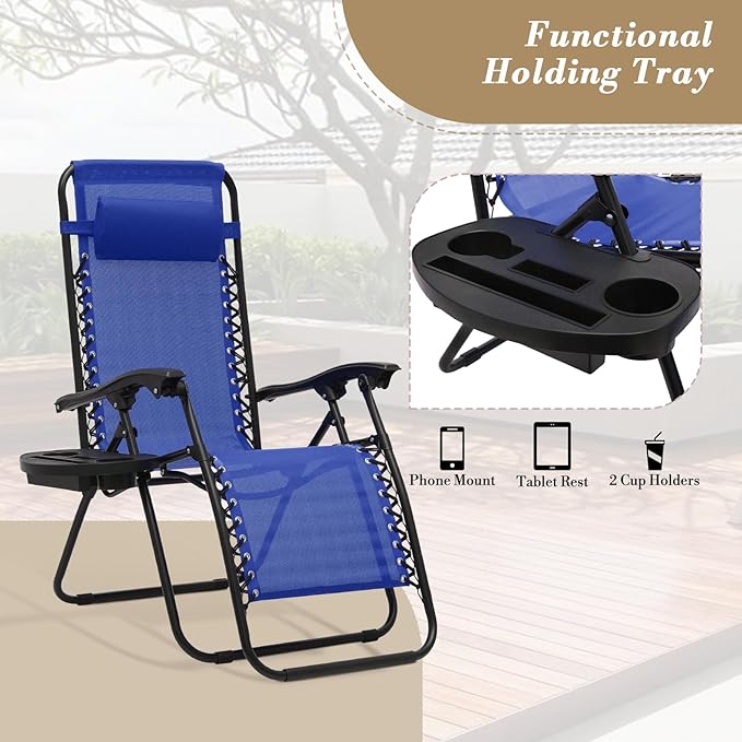Athena Collection Zero Gravity Chair, Outdoor Lounge Chair with Adjustable Pillow and Cup Holder, Reclining Camping Chair for Outside Beach Lawn Garden Patio Poolside Set of 2 - Blue