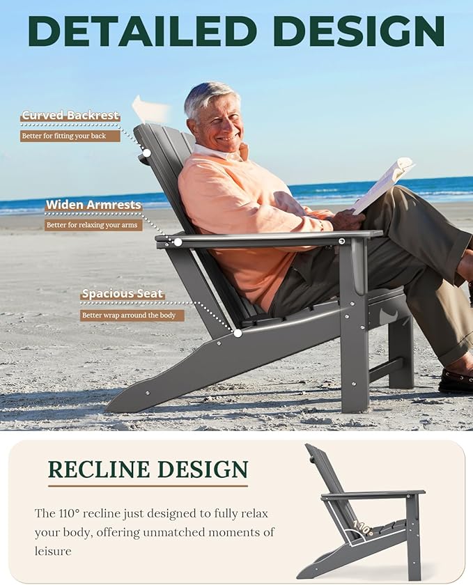 BRIOPAWS Adirondack-Chairs-Set of 2 | Oversized | Fire Pit Chair | HDPE Plastic | All Weather | for Deck Outdoor Poolside Campfire | Grey