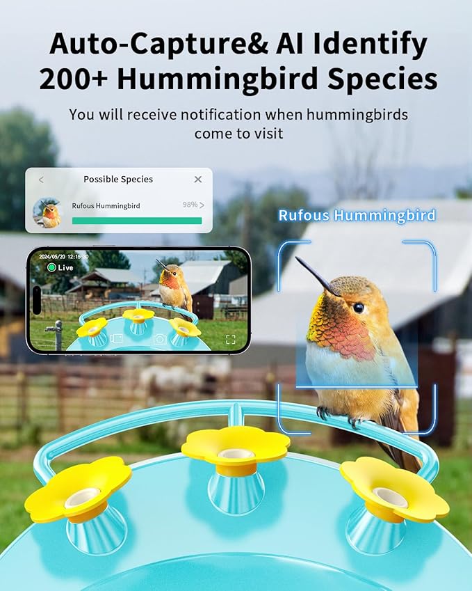 Hummingbird Feeder with Camera, Solar Bird Feeders Camera for Outdoors Hanging, AI Identify, Ant Moat & Bee Proof, Easy Clean & Refill, Gift for Bird Lovers