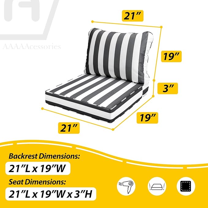 AAAAAcessories Outdoor Seat Cushions for Chairs, Fade-Resistant, Waterproof Patio Furniture Replacement Cushions, 21" x 19" x 3" + 21" x 19", Gray Cabana Stripe