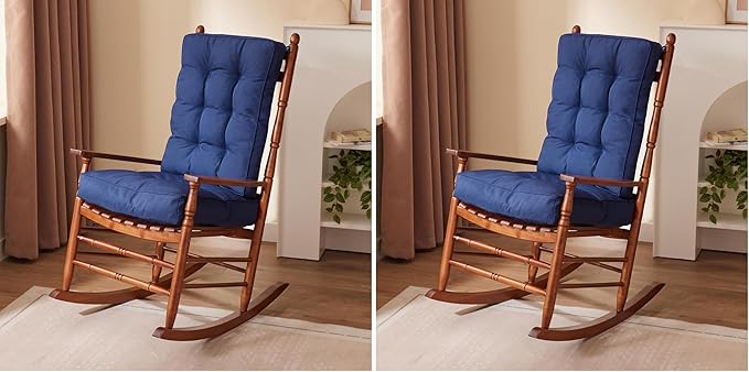 Rocking Chair Cushion, Waterproof and Fade-Resistant Patio Chair Cushions, Tufted Chair Pads for Rocker Furniture, 17x17 Inch, Indoor/Outdoor Seat Cushions with Ties, Navy Blue (Pack of 2)